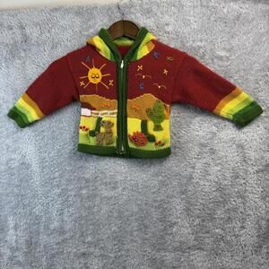 Hand-Knit Colorful Kids Hoodie Sweater with Animal and Nature Embroidery